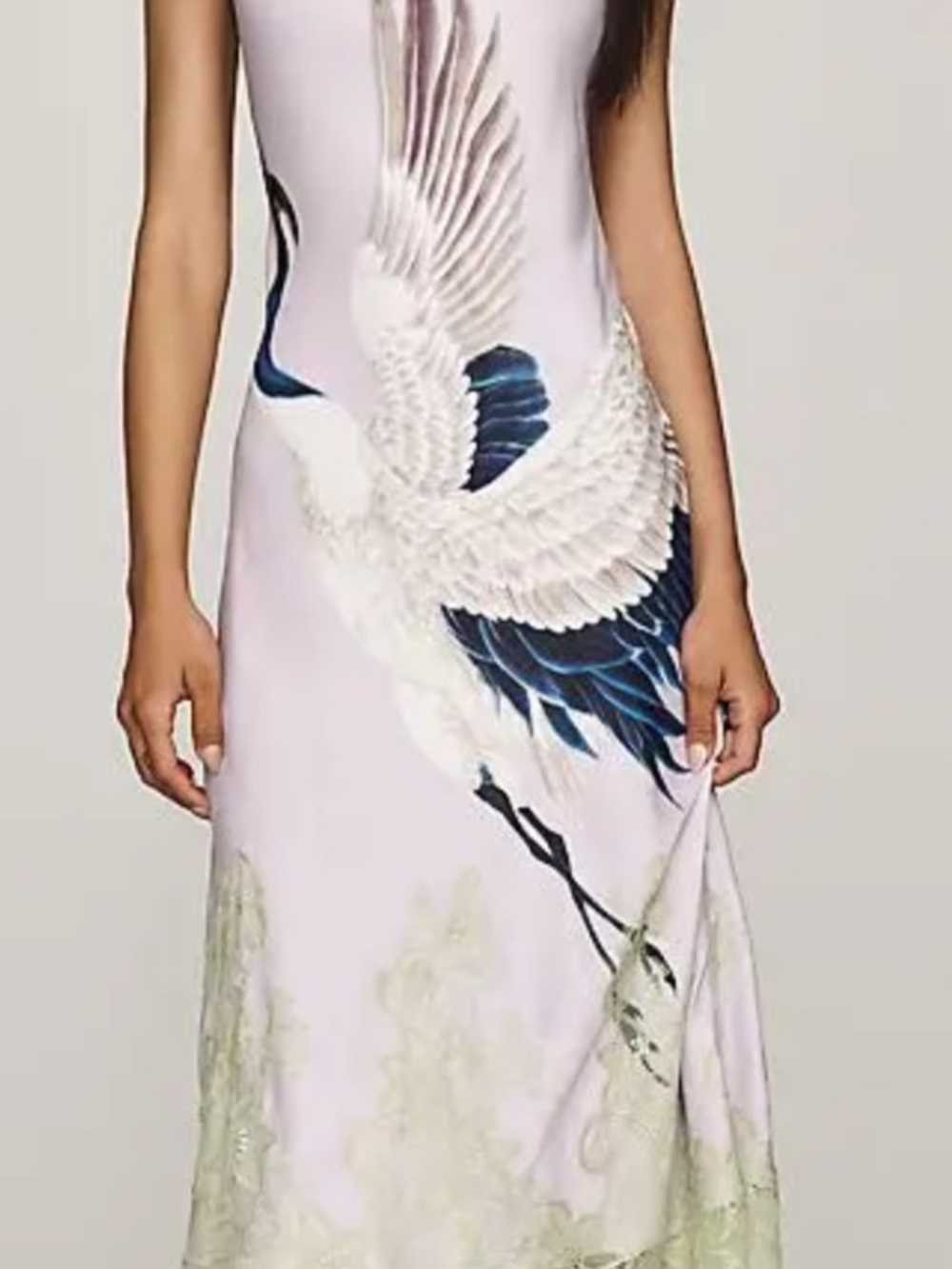 Maeve Lavender Midi Dress with White and Blue Crane Motif